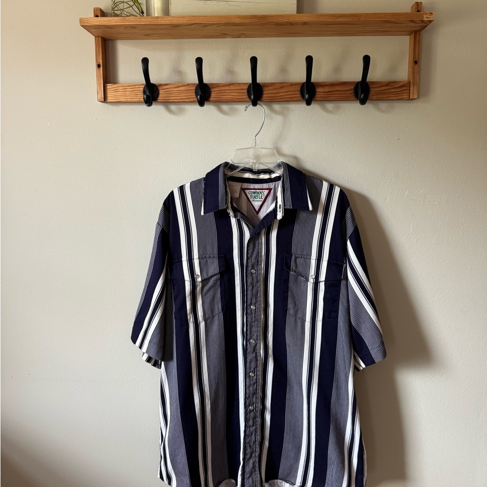 Cowboys Turtle Blue and White Casual Button Down Shirt with Vertical Stripes